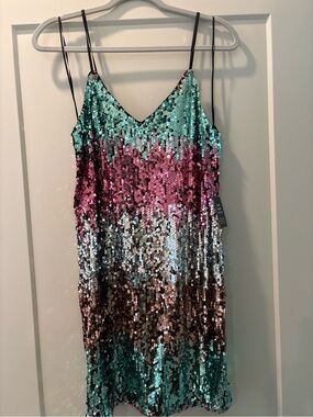 Express Ombre Sequin Dress in Teal, Pink, Silver